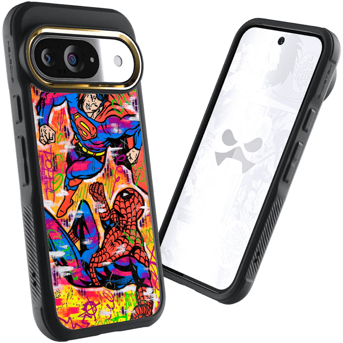 Google Pixel 9 Spiderman vs Superman Spraypaint Artist Artwork Protective Phone Case