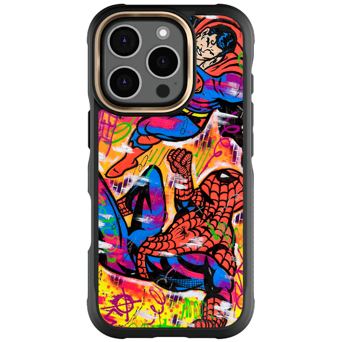 iPhone 16 Pro Spiderman vs Superman Spraypaint Artist Artwork Protective Phone Case