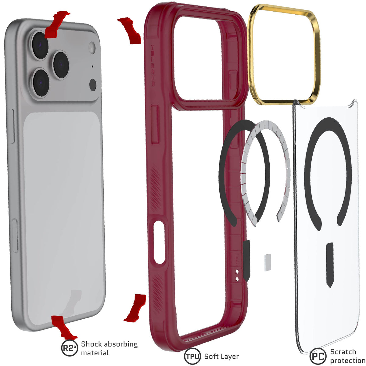 iPhone 17 Pro Max Case Red Clear MagSafe Protective Phone Cover Shockproof