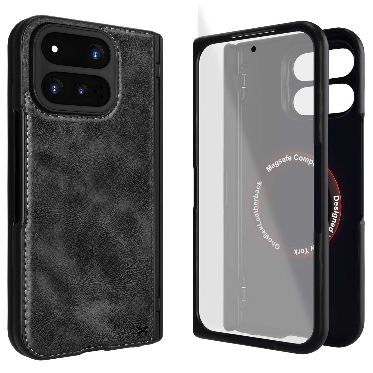 Pixel 11 Pro Fold Black Leather Case with MagSafe, Hinge Cover and Screen Protector Magnetic